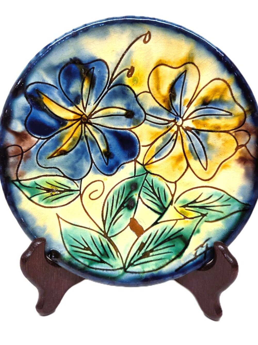 Wall Hanging Plate Blue Yellow Flower Pottery Terra Cotta 7"